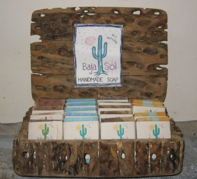Baja Sol soap display made from local cactus wood