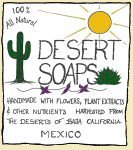 The Desert Soaps logo. 100% all natural. Handmade with flowers, plant extracts and other nutrients. Harvested from the deserts of Baja California, Mexico.