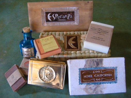 Display of some customized soap labels, lotion bottles, and gift packs available.